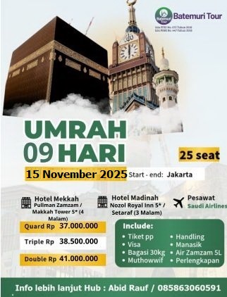 Paket Umrah Noura,  Reguler BTT- Asa Tour 5*, 9 Hari / 7 Malam, Plus Kereta Cepat , Keberangkatan  15 November 2025 
